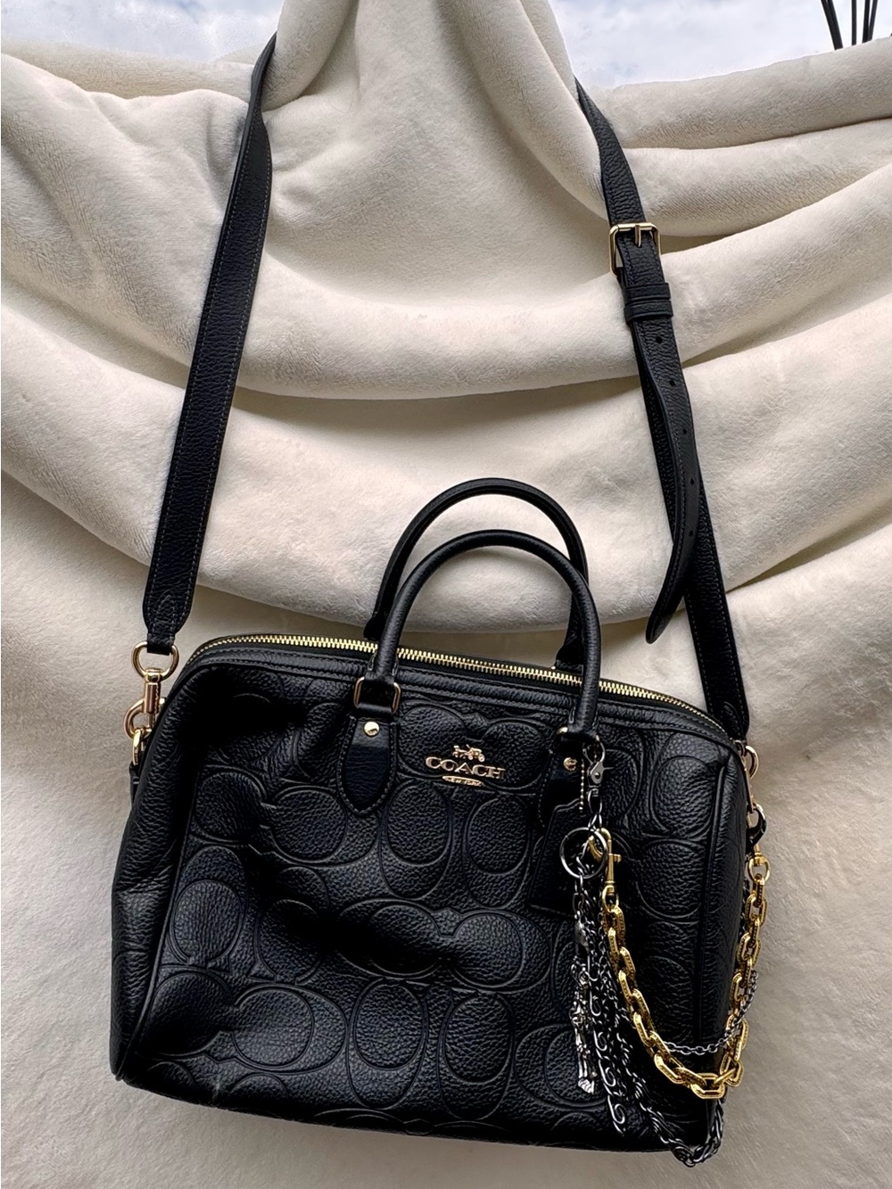 Coach Black Embossed Pebbled Leather Satchel with Mixed Metal Chains - Picture 9 of 10